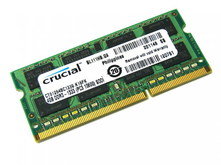 Crucial CT51264BC1339 4GB PC3-10600S 1333MHz 204pin Laptop / Notebook SODIMM CL9 1.5V Non-ECC DDR3 Memory - Discount Prices, Technical Specs and Reviews - Click Image to Close