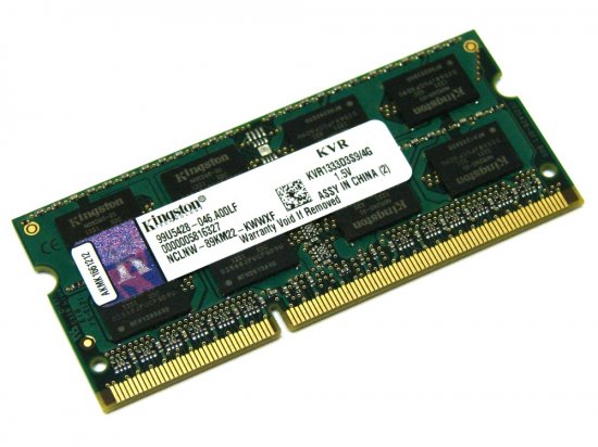 Kingston KVR1333D3S9/4G 4GB PC3-10600 1333MHz 204pin Laptop / Notebook SODIMM CL9 1.5V Non-ECC DDR3 Memory - Discount Prices, Technical Specs and Reviews (Green)