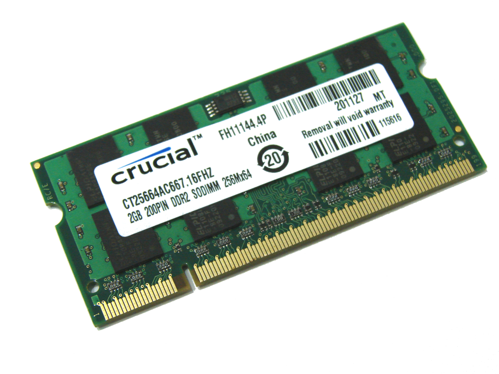 Crucial CT25664AC667 2GB 2Rx8 PC2-5300 667MHz 200pin Laptop / Notebook Non-ECC SODIMM CL5 1.8V DDR2 Memory - Discount Prices, Technical Specs and Reviews