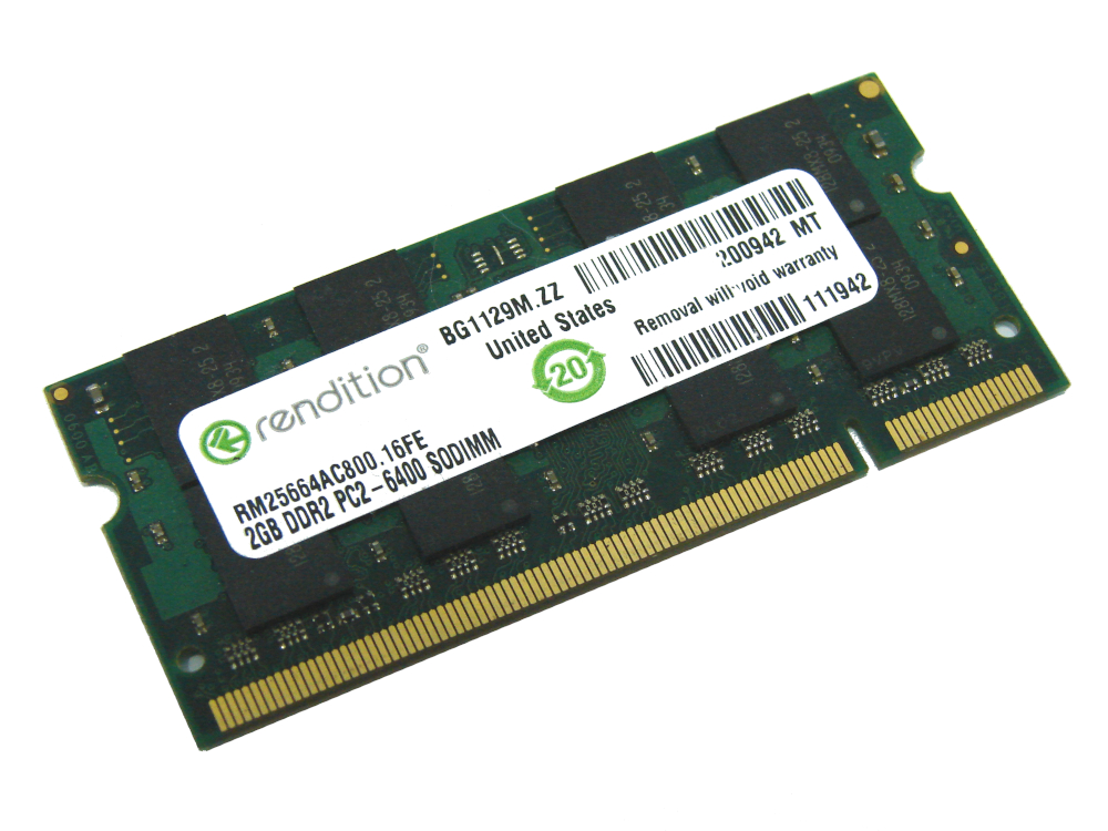 Rendition RM25664AC800.16FE 2GB PC2-6400S 2Rx8 800MHz 200pin Laptop / Notebook Non-ECC SODIMM CL6 1.8V DDR2 Memory - Discount Prices, Technical Specs and Reviews