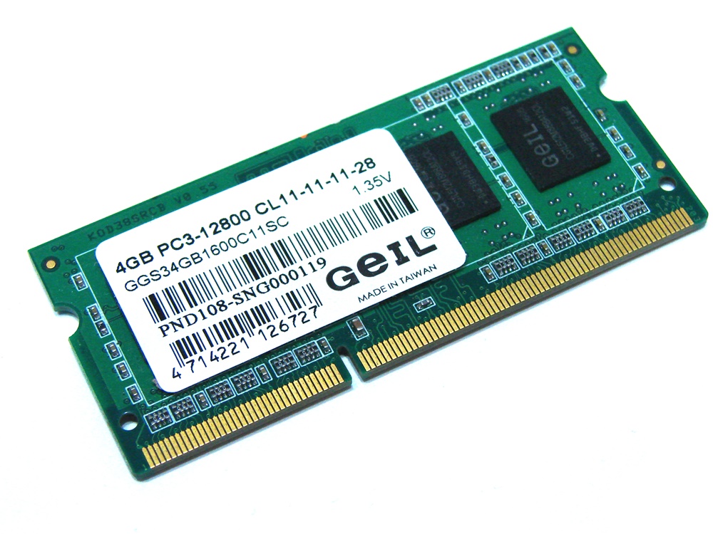 Geil GGS34GB1600C11SC 4GB PC3L-12800S 1Rx8 1600MHz 204-pin Laptop / Notebook SODIMM CL11 1.35V (Low Voltage) Non-ECC DDR3 Memory - Discount Prices, Technical Specs and Reviews